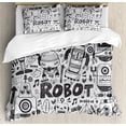 thumbnail image 1 of Robot Queen Size Duvet Cover Set, Futuristic Space Doodle Style Androids Sci Fi Pattern Fantasy Machine Art Print, Decorative 3 Piece Bedding Set with 2 Pillow Shams, Grey Light Grey, by Ambesonne, 1 of 3