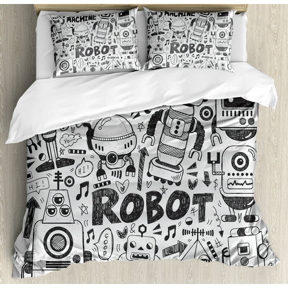 Robot Queen Size Duvet Cover Set, Futuristic Space Doodle Style Androids Sci Fi Pattern Fantasy Machine Art Print, Decorative 3 Piece Bedding Set with 2 Pillow Shams, Grey Light Grey, by Ambesonne