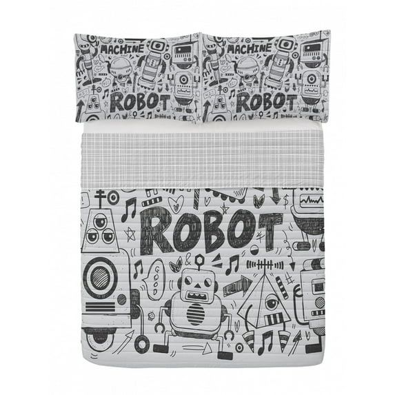 Robot Reversible Bedspread Set, Futuristic Space Doodle Style Androids Sci Fi Pattern Fantasy Machine Art Print, Pillow Shams & Comforter Microfiber Bedding Set, 3 Sizes, Grey Pale Grey, by Ambesonne