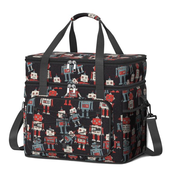 Robot and Robots Black Pattern Double Deck Insulated Picnic Bag, Outdoor Party Cooler Pack with Detachable Shoulder Strap, Water Resistant Gift Ideas for Holiday Birthday Gifts