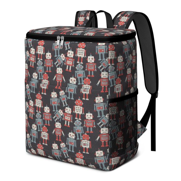 Robot and Robots Black Pattern Insulated Cooler Backpack, Camping Cooler Bag with Mesh Pockets & Adjustable Straps, Leakproof PEVA Lining Gift Ideas for Daily Commute School,