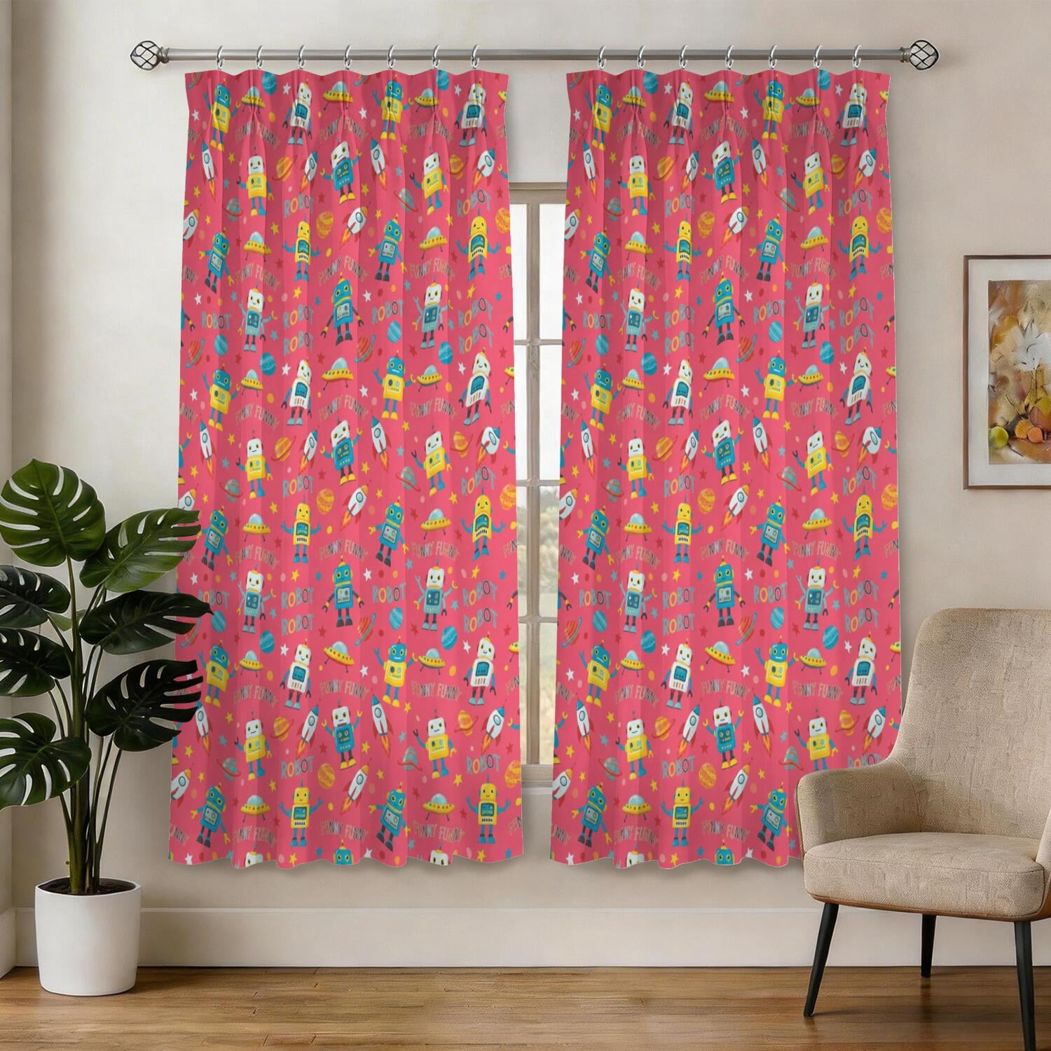 Rocket Patterns Robot and Rockets Red Pattern Pinch Pleated Blackout Curtains, Pinch ...