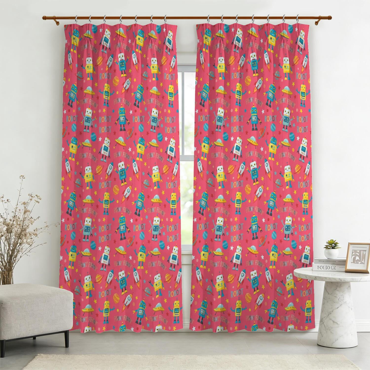 English Red Pattern Robot and Rockets Red Pattern Pinch Pleated Blackout Curtains, Room ...