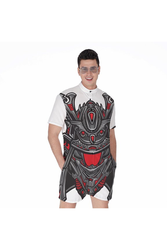 Robot Samurai Mask Short Sleeve Men'S Rompers, Samurai Casual Summer Jumpsuits Outfit