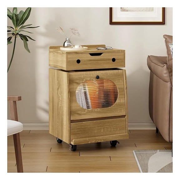 Robot Side Table with Wheels for Living Room, LED End Side Table with 360 Rotating Drawer, Led Night Stand, 2 Drawer Kids Nightstand, Modern Storage Cabinet for Living Room, Bedroom, Natural