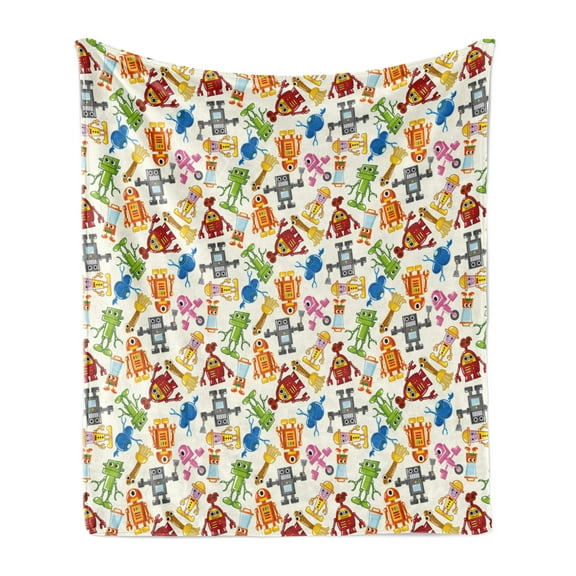 Robot Soft Flannel Fleece Throw Blanket, Colorful Cartoon Robots Nursery Style Theme Futuristic Science Toys Design, Cozy Plush for Indoor and Outdoor Use, 50" x 60", Multicolor, by Ambesonne