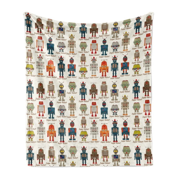 Robot Soft Flannel Fleece Throw Blanket, Various Different Super Robot Set in Cartoon Style Fantasy Futuristic Machine, Cozy Plush for Indoor and Outdoor Use, 70" x 90", Multicolor, by Ambesonne