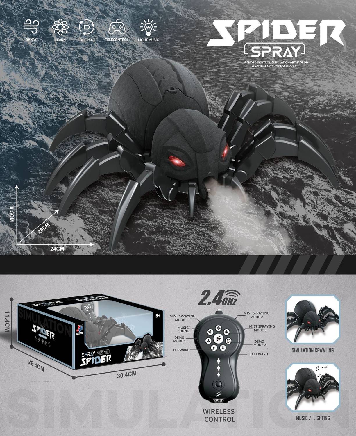 Robot Spider, Remote Control Spider with Spray and Lights, Black Widow