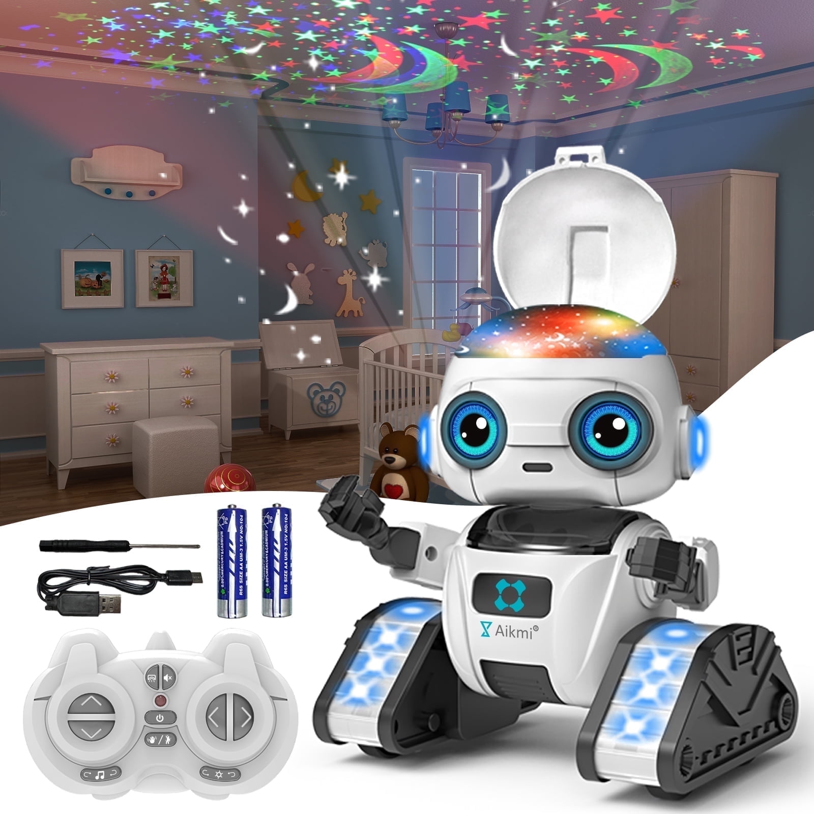 Aikmi Robot Toys for Kids 5-9, Rechargeable Remote Control Robot with Projector Night Light Gesture Sensor Music, Toys for 6 Year Old Boys Girls Birthday Present Gifts Boys Toys