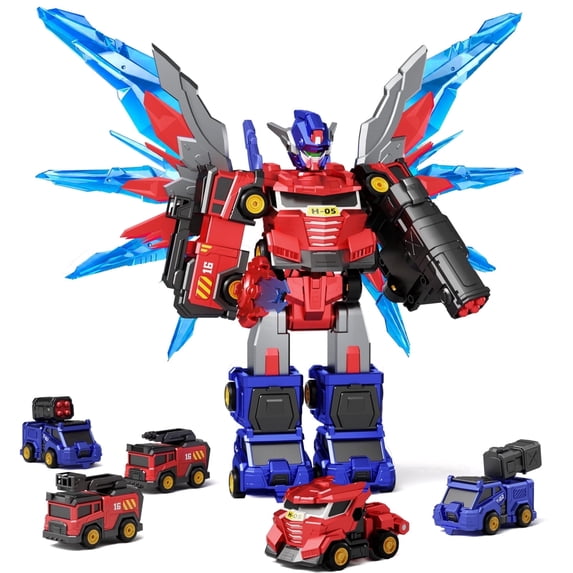 Dimoarch Magnetic Transforming Robot Toys w/Wing, 6-in-1 Kids Rescue Trucks Toys Set, Toddler Assemble Large Robot Toys, Cool Birthday Gift 3 4 5 6 7 8 Year Old Boy Girl