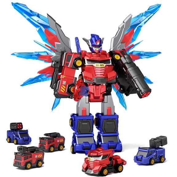 Dimoarch Magnetic Transforming Robot Toys w/Wing, 6-in-1 Kids Rescue Trucks Toys Set, Toddler Assemble Large Robot Toys, Cool Birthday Gift 3 4 5 6 7 8 Year Old Boy Girl