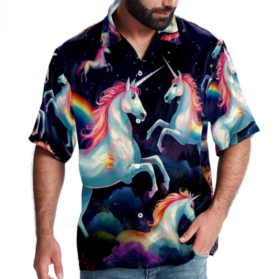 Robot Unicorn Attack Men's Button Down Hawaiian Print Short Sleeve Casual Summer Beach Shirts