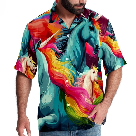 Robot Unicorn Attack Men's Hawaiian Button Down Short Sleeve Casual Printed Summer Beach Unisex Shirt