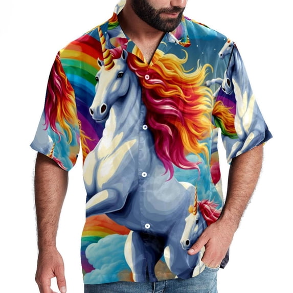 Robot Unicorn Attack Men's Short Sleeve Beach Shirts Button Down Poplin Casual Printed Summer Unisex