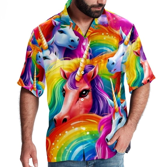 Robot Unicorn Attack Men's Short Sleeve Button Down Casual Poplin Shirts for Summer Beach, Printed Design - Unisex