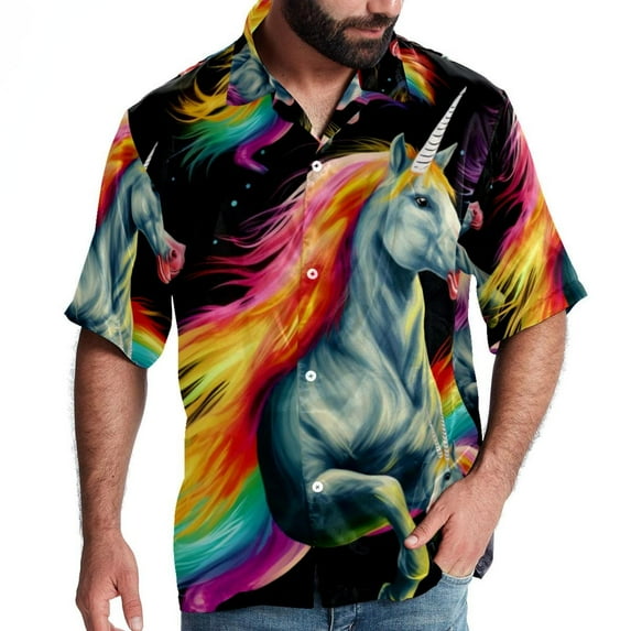 Robot Unicorn Attack Men's Short Sleeve Button Down Hawaiian Beach Printed Casual Shirts