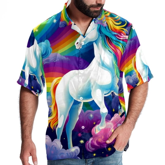 Robot Unicorn Attack Men's Short Sleeve Hawaiian Print Button Down Beach Shirt