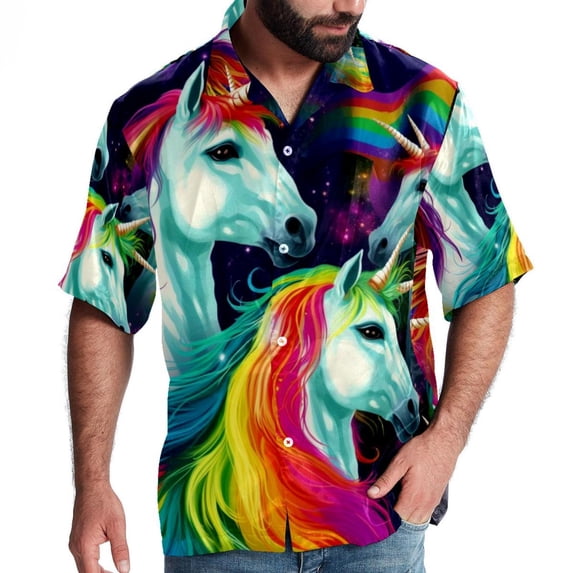 Robot Unicorn Attack Men's Short Sleeve Poplin Shirt, Casual Printed Button Down Top for Summer Beach, Spread Collar Unisex Beach Shirt