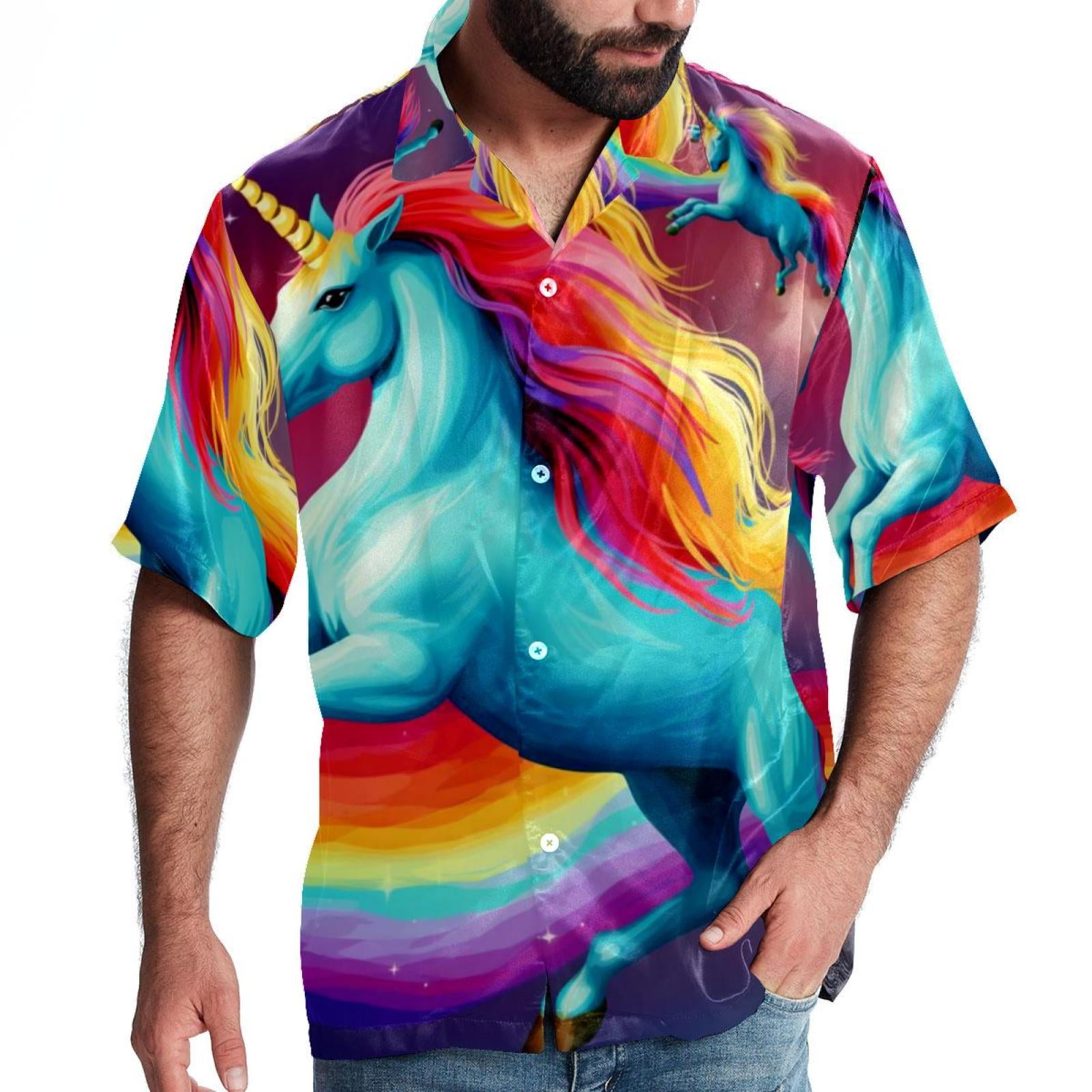 Robot Unicorn Attack Men's Hawaiian Shirt, Short Sleeve Printed