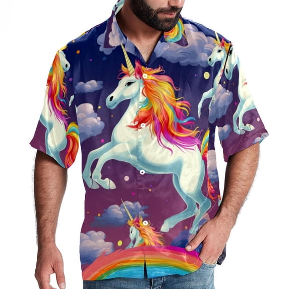 Robot Unicorn Attack Men's Short Sleeve Spread Collar Button Down Beach Print Casual Shirts