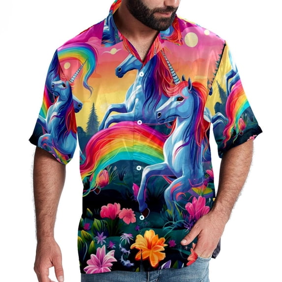 Robot Unicorn Attack Men's Short Sleeve Spread Collar Button Down Beach Print Casual Shirts