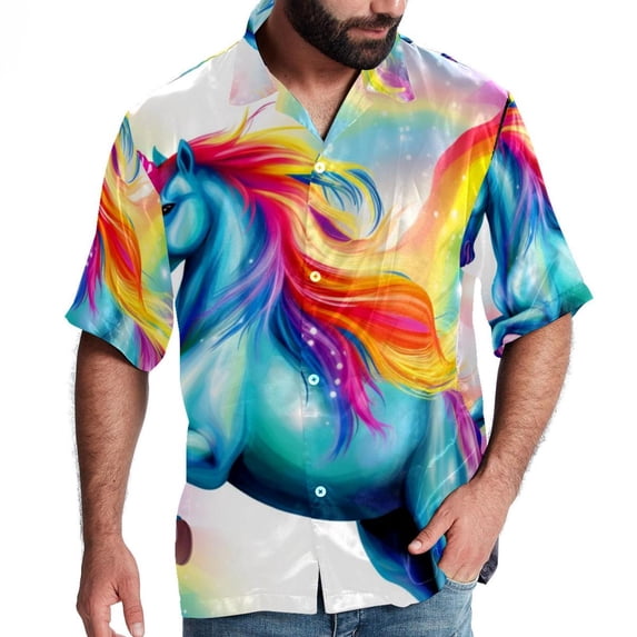 Robot Unicorn Attack Men's Short Sleeve Spread Collar Poplin Shirt, Casual Printed Button Down Summer Beach Tops for Men, Unisex Comfortable Shirts