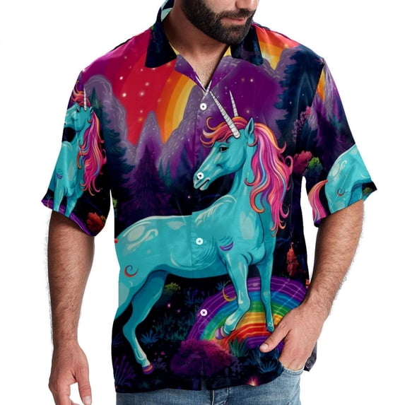 Robot Unicorn Attack Men's Short Sleeve Spread Collar Tops, Casual Button Down Shirts, Printed Summer Beach Shirts, Unisex