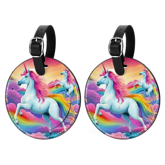 Robot Unicorn Attack Set of 2pcs PU Leather Round Suitcase Tags with Privacy Cover and Name ID Tag - Ideal for Travel Luggage, Handbags, Backpacks, School Bags