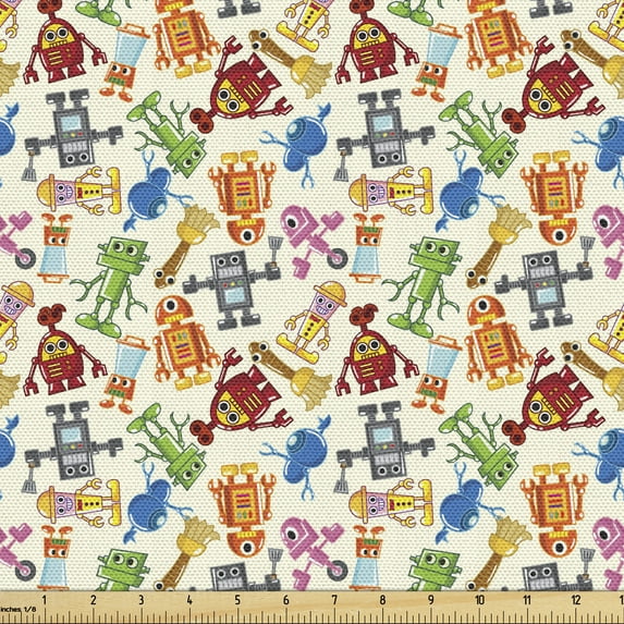 Ambesonne Robot Fabric by the Yard Upholstery, Boys Cartoon Robot Science, 5 Yards, Multicolor