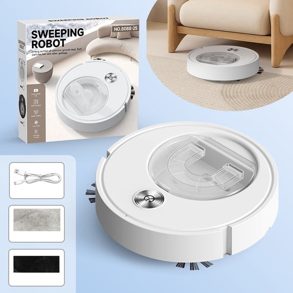 Robot Vacuum and Mop Combo with Transparent Dust Bin, Low Noise Strong Suction Sweeping Machine, USB Rechargeable Slim Cleaner for Home Pet Hair Wooden Tile Floor