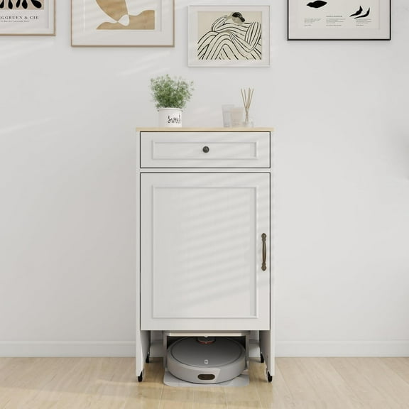 Robot Vacuum Stand Cabinet with Wheels  Sweeping Robot Storage Rack with Doors & Drawers, Multi-Functional Side Table for Living Room, Home Office, Kitchen  Antique White