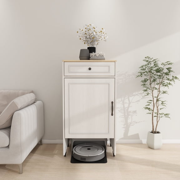 Robot Vacuum Stand Cabinet with Wheels, Antique White MDF Side Table with Storage Doors and Drawers for Living Room, Home Office, Kitchen