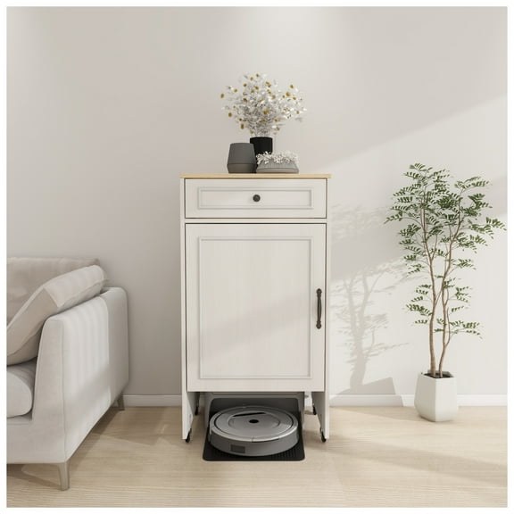 Robot Vacuum Stand - Cabinet with Wheels, Storage Rack, Side Table - Antique White