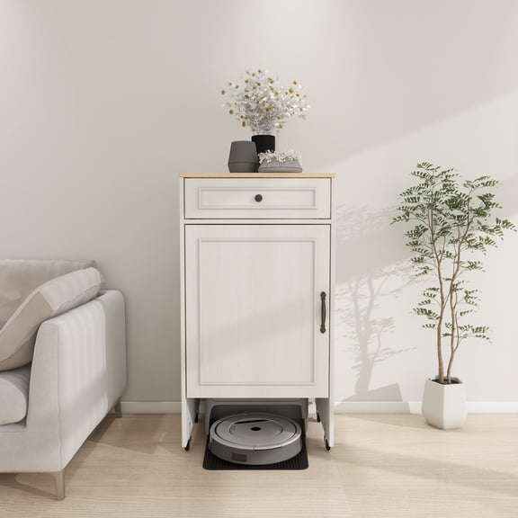 Robot Vacuum Stand Cabinet with Wheels, Sweeping Robot Storage Rack with Doors and Drawers, Side Table for Living Room, Home Office, Kitchen-Antique