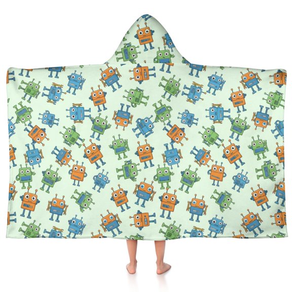 Robot and Arms Cream Pattern Hooded Bath Towel Wrap for Teens Ages 3 To 12, Soft Lightweight Quick Dry Microfiber Bath Beach Pool, 50"x30"