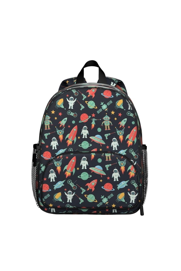Robot and Astronauts Black Pattern Backpack for School, Cute School Bag with Adjustable Shoulder Straps and Padded Back, 13.8"x11.4"x6"