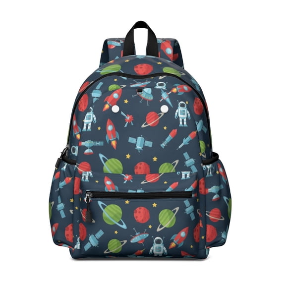 Robot and Astronauts Black Pattern Cute School Backpack with Padded Back and Adjustable Shoulder Straps 13.4"x11"x4.7"