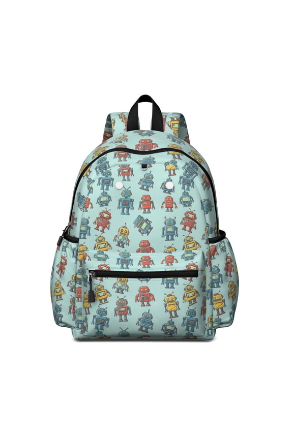 Robot and Blasters Blue Pattern Backpack for School, Cute School Bag with Adjustable Shoulder Straps and Padded Back, 13.4"x11"x4.7"