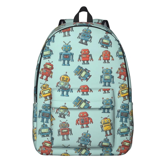 Robot and Blasters Blue Pattern Backpack for School, Cute School Bag with Adjustable Shoulder Straps and Padded Back, 15.7"x11.8"x5.5"