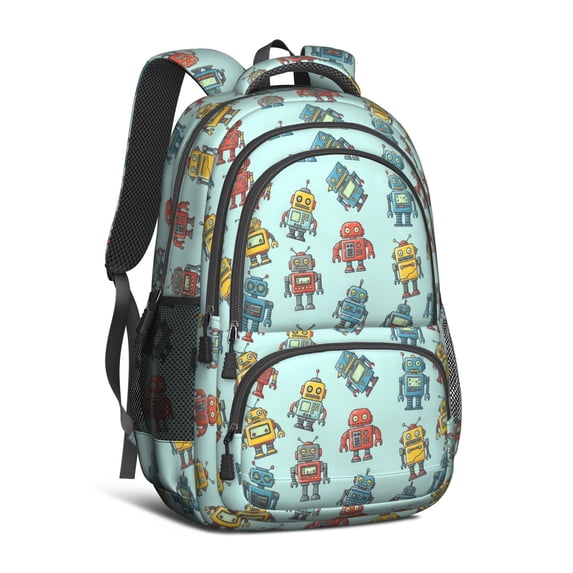 Robot and Blasters Blue Pattern Backpack for School, Cute School Bag with Adjustable Shoulder Straps and Padded Back, 16.9"x12.6"x5.9"