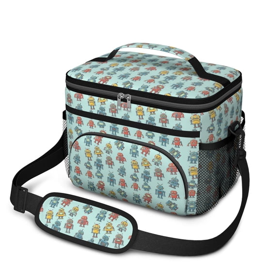 Robot and Blasters Blue Pattern Insulated Lunch Box for Women Men, Medium Leakproof Cooler Bag with Adjustable Strap, 10"x6.7"x8"