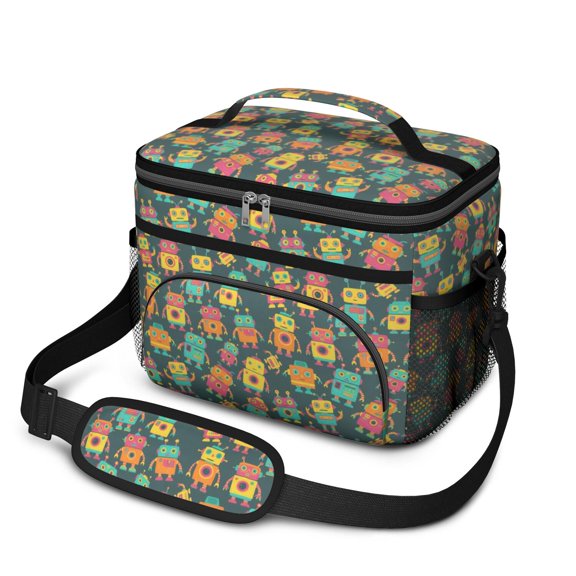Robot and Blocks Green Pattern Insulated Lunch Box for Women Men, Medium Leakproof Cooler Bag with Adjustable Strap, 10"x6.7"x8"