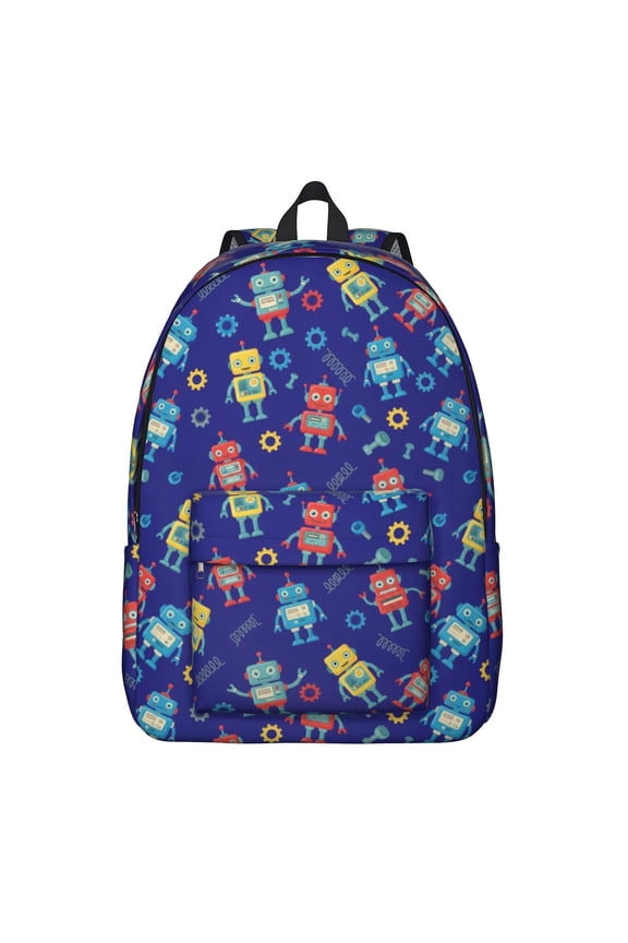 Robot and Bolts Blue Pattern Backpack for School, Cute School Bag with Adjustable Shoulder Straps and Padded Back, 15.7"x11.8"x5.5"