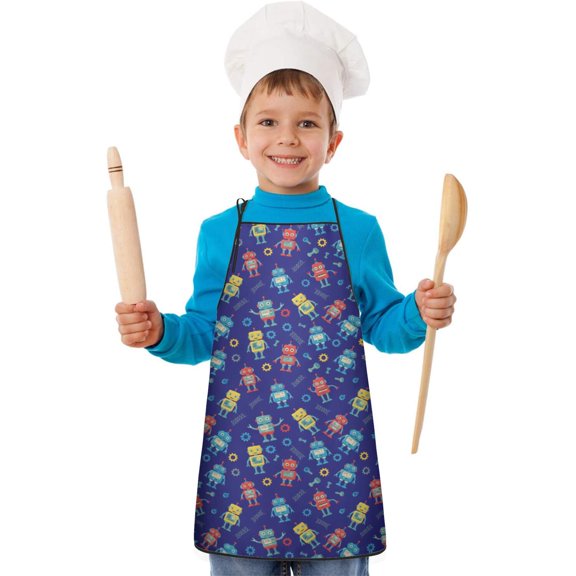 Robot and Bolts Blue Pattern Teens Aprons, Adjustable Neck Strap, Toddler & Teens Aprons for Cooking & Baking, 19x23.6 Inches