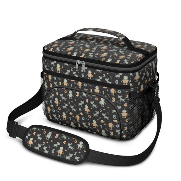 Robot and Dogs Black Pattern Insulated Lunch Box for Women Men, Medium Leakproof Cooler Bag with Adjustable Strap, 10"x6.7"x8"