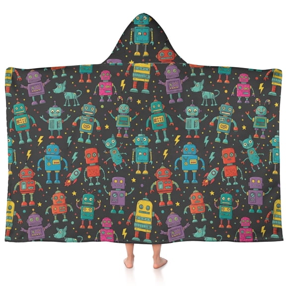 Robot and Dogs Black Pattern Teens Hooded Bath Towel Wrap for Ages 3 To 12,Quick Dry Lightweight Soft Microfiber Bath Beach Pool,60"x35"