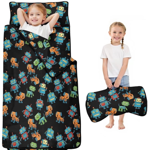 Robot and Dogs Black Pattern Teens Toddler Nap Mat with Pillow, Sleeping Mat Bag for Preschool Daycare 51"x22"