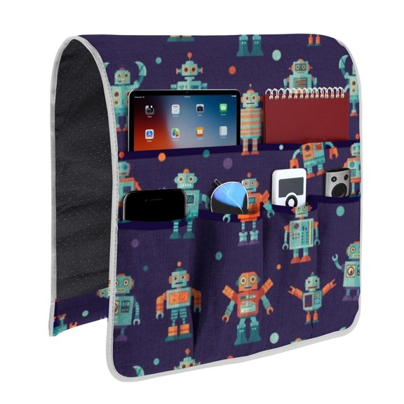 Robot and Dots Blue Pattern Armrest Organizer, Sofa Armrest Storage Caddy with 6 Pockets, Linen Textured Gifts for Family Friends,13x35in(33x89cm)