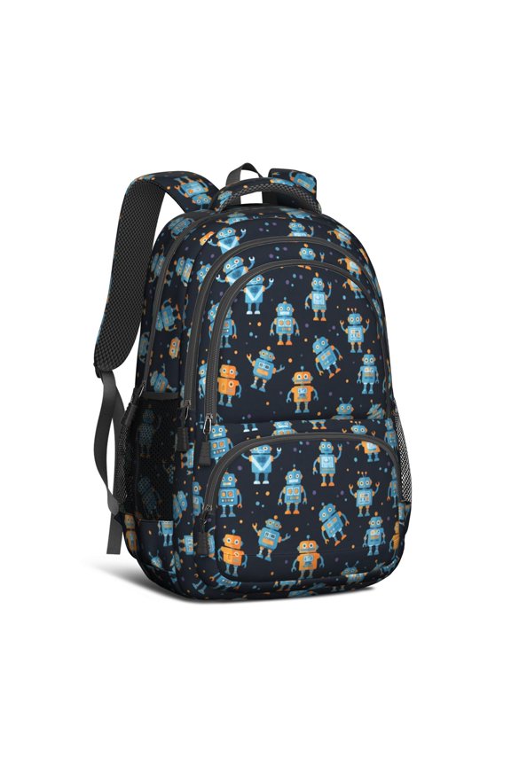 Robot and Dots Blue Pattern Cute School Backpack Bag with Padded Back and Adjustable Shoulder Straps 16.9 X 12.6 X 5.9 Inches