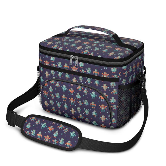 Robot and Dots Blue Pattern Insulated Lunch Box for Women Men, Medium Leakproof Cooler Bag with Adjustable Strap, 10"x6.7"x8"